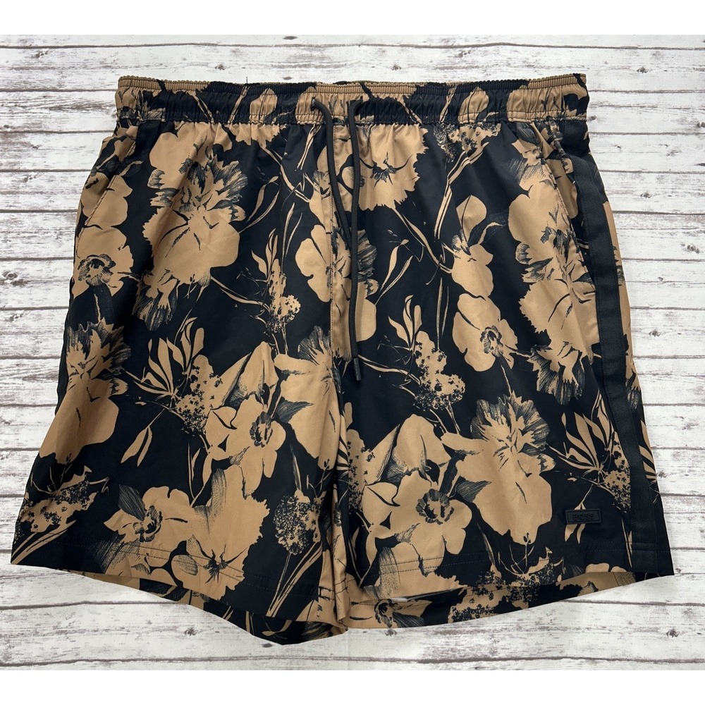 HUGO BOSS Beach Swim Trunks Shorts Men's XL Hawaiian Floral Print Black NO LINER